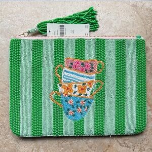 Anthropologie The Fiona Beaded Pouch Tea Cup Large Zip Closure Perfect Host Gift